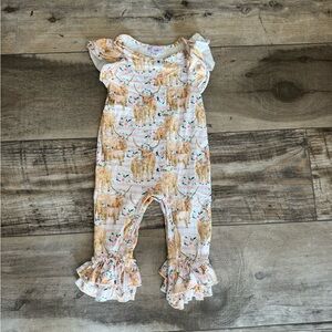 Clover cottage baby girl ruffle flare bodysuit with baby cow print